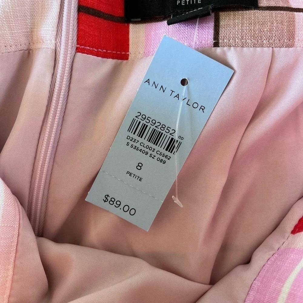 Ann Taylor Linen Blend Multi Colored Plaid Skirt Bow Belted Women’s 8P Pink Tan